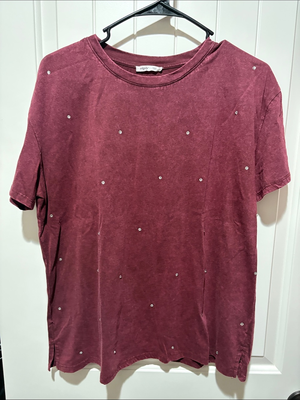 Women’s edge Burgundy Short Sleeve Crewneck Tee with Stud Accents
